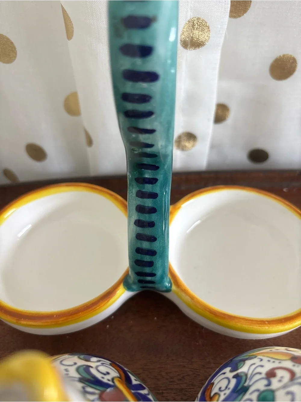 Ricco Deruta Italian Oil and Vinegar Cruet Set W Caddy Hand Painted Mediteranean